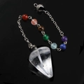 Clear crystal hexagonal pendulum pendant with seven chakra stones on silver chain - Clear Quartz With 7 Bead Chain