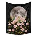 Bohemian moon phase tapestry with pink flowers and starry sky for wall decoration - Black Night Huge Moon Pink Floral (YCYX02)