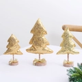 Three-piece set of golden sequin mini Christmas trees with wooden bases for table decor - Gold Sequin Tree