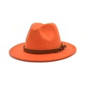 Close-up of bright orange wool fedora hat featuring a brown belt with golden metal ring - M (56-58cm) / Orange