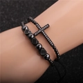 Set di bracciali regolabili da uomo con croce in zirconi e perle nere con motivi geometrici - Set / Canna di fucile
