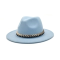 Macro detail of the light blue wool fedora hat with gold metal and black chain trim - M (56-58cm) / Sky Blue