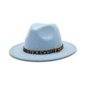 Detail of light blue wool fedora featuring leopard print band and gold buckle - M (56-58cm) / Sky Blue