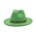 Close-up of wool fedora hat in emerald green with leopard print belt and golden buckle - M (56-58cm) / Grass Green