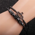 Men's gunmetal black beaded bracelet set featuring crown charm and micro-pave zircons - Crown B0138 Set / Gunmetal