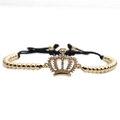Adjustable crown charm bracelet with gold beads, micro-paved cubic zirconia, and black cord - Crown B0138 / Gold