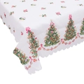 Christmas tablecloth with scallop edges featuring festive trees and bells - Style J