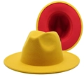 Wide brim wool jazz fedora hat featuring a yellow exterior and red contrast lining - Yellow and Red