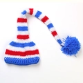 Handmade knitted Christmas long tail elf hat with red white blue stripes and pompom - Royal Blue Border