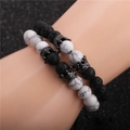 Men's crown beaded bracelet set with white turquoise and black volcanic lava stones - 2 Pcs Set (Howlite + Lava Stone) / Gun Black Set Braided