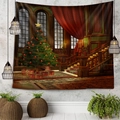 Tapiz de pared navideño con escena de mansión acogedora, regalos y cálidas cortinas rojas - Estilo 3-Mansión Árbol Navidad / 150x130cm