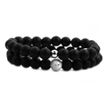 Set of 8mm matte black stone and white turquoise beaded bracelets for men with silver accents - Set