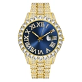 Luxury men's gold iced out watch with blue Roman dial and crystal paved case - Gold / Blue