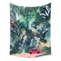 Bohemian tapestry featuring hand-drawn tropical plants and red car on white background - LT312-10-Red Car Jungle