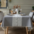 Green Christmas tablecloth with white reindeer pattern and fringe in cozy dining room - 140*140 / Grey Reindeer with Tassel