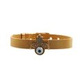 Golden mesh strap bracelet with Hamsa Hand and Evil Eye charms on white background - Gold Hamsa Hand Evil Eye