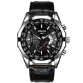Business men's quartz watch with black leather strap and silver dial chronograph details - Black Dial Leather Strap