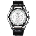 Men's chronograph watch with black leather strap and white dial in a silver case - White Dial Leather Strap