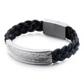 Pulsera de hombre en cuero trenzado negro con placa de metal plateado y cierre magnético - 21cm / Color Acero