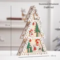 Lighted wooden Christmas tree ornament with reindeer and snowman scene, height 30cm - Wooden Tree Tabletop Ornament (Snowman Style)