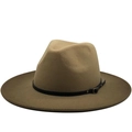 Klassieke camel wollen fedora hoed met brede rand en decoratieve zwarte leren riem - M (56-58cm) / Khaki