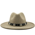 Elegant beige wool wide brim fedora hat with a decorative studded black leather band - M (56-58cm) / Camel