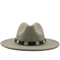Detail of wide brim light grey wool fedora featuring black leather band and silver studs - M (56-58cm) / Light Grey (07)