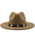 Classic dark camel wool fedora hat with a studded leather band for women in autumn - M (56-58cm) / Khaki