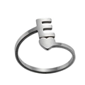 Detailed view of silver open ring featuring letter E and heart motif in stainless steel - Letter E / Steel