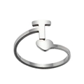 Detail of silver stainless steel open ring featuring a T-letter and heart motif - Letter T / Steel