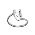 Detailed view of silver letter M ring with heart accent and adjustable open band design - M / Steel