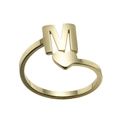 Detail shot of golden initial M ring with heart shape on stainless steel band - M / Gold