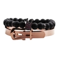 Matte zwarte kralenarmband met kroon en roségouden roestvrijstalen armband set - Roségoud