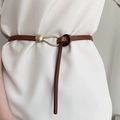 Slim brown PU leather waist belt with gold metal buckle for women dresses - Brown