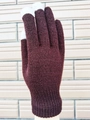 Deep burgundy thick knitted touchscreen gloves with white fingertips on display stand - Coffee
