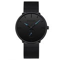 Detailed macro view of black mesh metal strap and minimalist quartz watch dial with blue hands - Black Mesh Strap Blue Hands