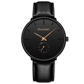 Macro shot of black minimalist watch dial with rose gold hands and small sub-dial - Leather Strap Rose Gold Hands