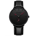Close-up of minimalist black men's watch with red hands and textured leather strap - Leather Strap Red Hands
