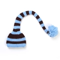 Handgestrickte Baby-Weihnachtsmütze mit langem Schwanz und blauem Bommel, blau-braun - Hellblauer Rand