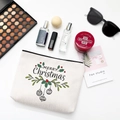 Beige cotton Merry Christmas makeup pouch with holly berries and festive patterns - Style A