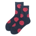Chaussettes rétro bleu marine à grands pois rouges pour femmes, présentation à plat - Taille unique / Bleu Marine