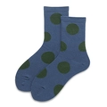 Blue crew socks with large green polka dots in retro Japanese style cotton blend - One Size / Dark Blue