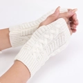Short cream-white cable knit fingerless gloves with thumb holes for winter warmth - One Size / White