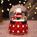 Aimant boule à neige de Noël avec Père Noël et Bonhomme de neige sur base rouge - 2051 Tenant des cadeaux / Moyen 80# LED Lumière+Musique