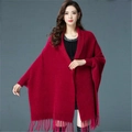 Elegant women's red knitted poncho shawl with fringe detail in soft faux mink fur - Burgundy