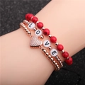 Ensemble de trois bracelets pour femmes avec perles turquoise rouges et cœur or rose - Ensemble Or Rose