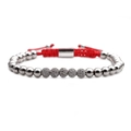 Close-up of crown style 4mm bead bracelet with red woven cord and adjustable lock - Single Item / White Gold