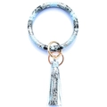 Detail of blue and white snakeskin pattern leather keychain bangle with tassel - Sky Blue Snake