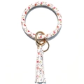 White leather O-ring bracelet keychain with pink rose patterns and a matching long tassel - Pink Bull Head