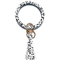 White dalmatian print leather keychain bangle with golden ring and tassel charm - Black and White Spots